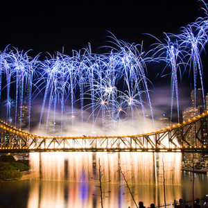 Curtain of fireworks on the Story Bridge