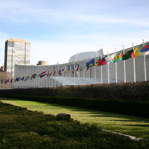 Flags in front of the United Nations