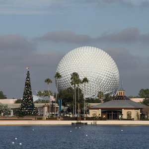 Spaceship Earth and Christmas Tree across World Showcase Lagoon