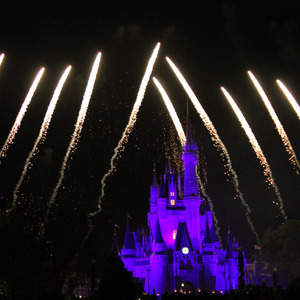 Fireworks and trails over Cinderella's Castle