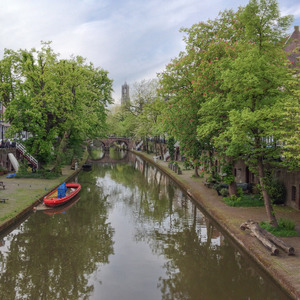 Oudegracht canal with the cathedral bell tower, Utrecht