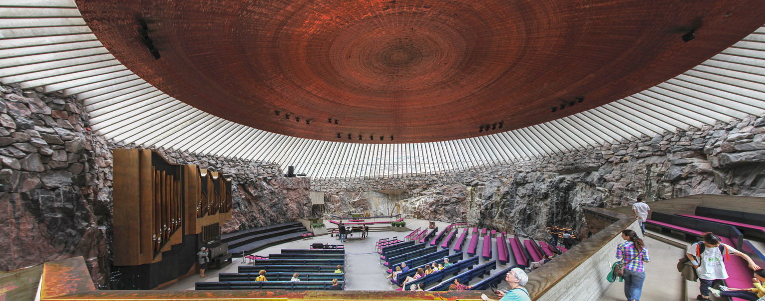 Panoramic view of interior of Temppeliaukio Church, Helsinki