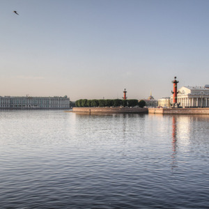 Winter Palace and columns on Neva River