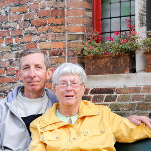 Dad and mom in Oud Sint-Jan courtyard, Bruges