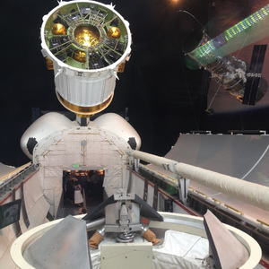 View of the Space Shuttle cargo bay from the cockpit