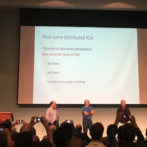 R, S, and A on stage at the Crypto 2017 rump session