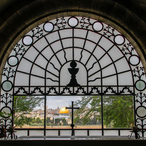 The Dome of the Rock seen from the altar of Dominus Flevit Church on the Mount of Olives