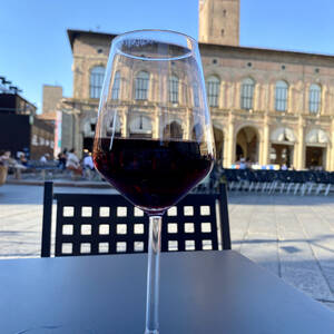 Enjoying a glass of wine in Bologna Piazza Maggiore