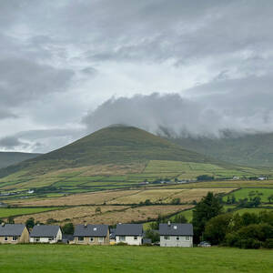Cloud-covered hills on a rainy day